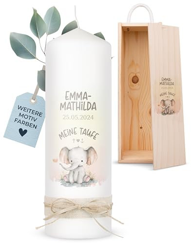 AMARI ® Taufkerze personalisiert Elefant Herz (002.10.06) H:25cm/⌀:8cm - Taufkerze Mädchen/Junge - Kerze selber gestalten Taufe - Taufkerze selber machen - Taufkerze mit Namen