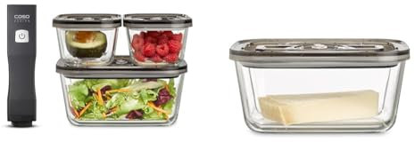 CASO Vacu OneTouch Eco-Set, Handvakuumierer inkl. 3 Vakuumbehälter aus Glas & VacuBoxx Eco L - Vakuum-Frischebehälter / 1 Behälter mit 1500 ml