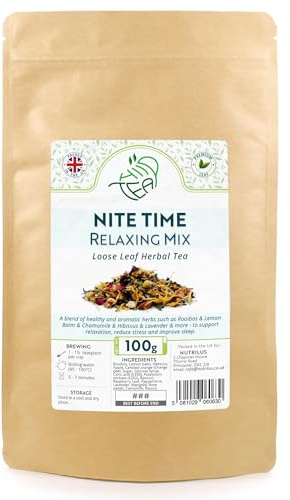 Nite Time Premium Herbal Loose Tea – Natural Vitamins & Minerals (100g) | Rooibos & Lemon Balm & Chamomile & Hibiscus & Lavender & Raspberry Leaf & more – Relaxation & Sleep – Resealable Pouch