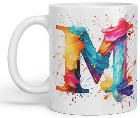 Vixar Letter M Mug, Alphabet Letter M Monogram Watercolour Ceramic Coloured Mug Cup for Tea Coffee Hot Brew 330ml 11Oz Gift (White)