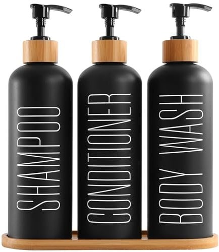Shampoo and Conditioner Dispenser, BIKALAN Refillable Matte Black Shampoo Dispenser Bottles with Pump, Modern Bathroom Shower Soap Bottle Set for Body Wash, Lotion, 3 Pack