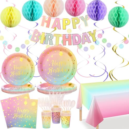Rainbow Birthday Decorations|Birthday Plates and Napkins Party Supplies|Happy Birthday Banner,Tissue Paper,Swirls,Garland|Pastel Rainbow Party Decorations for Women Boys Girls,Serves 16