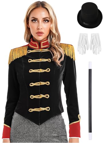 Kaerm Zirkus Kostüm Damen Schlangenfrau Jacke Langarm Fransenjacke Quasten Mantel Mit Hut Handschuhe Zauberstab Marching Band Drummer Uniform