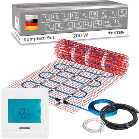 VILSTEIN Elektrische Fußbodenheizung 200W/m², für Fliesen Laminat und mehr, Komplett-Set, TWIN Technologie Heizsystem, Fußboden Heizmatte, 3.0x0.5m - 1.5qm