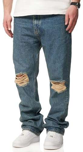 behype. Herren Jeans Ripped Straight-Fit Jeanshose 100% Baumwolle Denim Hose Used Look Men's DC_JN-246-Vintage Blue-W36/L32