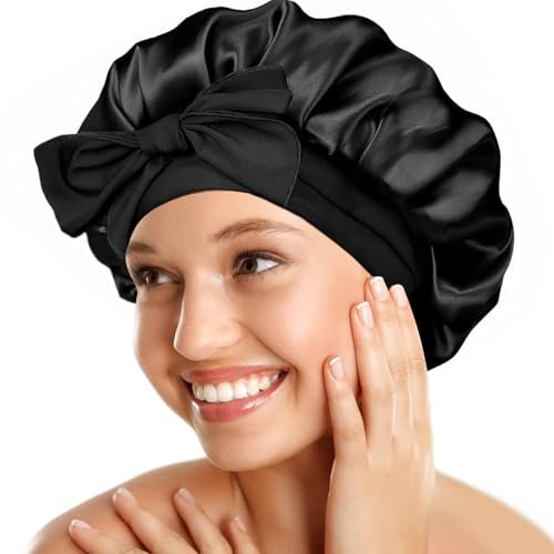 1 Stück Schlafmütze Satin Bonnet seidenhaube zum schlafen Nacht Schlaf Mütze Verstellbare Schlafkappe Kopfbedeckung Weiche Kopfhaube Schlafhaube Seide mit Gummizug für Damen und Mädchen(Schwarz)