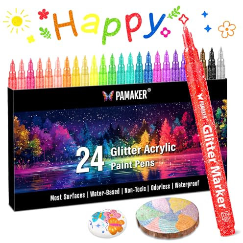 Pamaker 24 Farben Glitzer Acrylstifte – 0,7mm Extra Feine Spitze, Glitzer Filzstifte auf Wasserbasis für Basteln, Karten, Holz, Glas, Steine & DIY Kunstprojekte