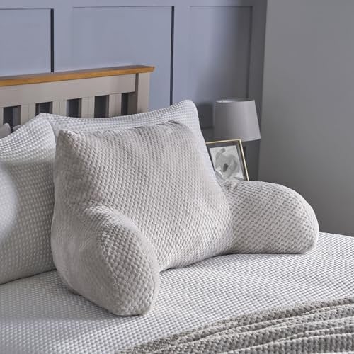 OHS Waffle Fleece Back Support Cushion, Reading Pillow Soft Cosy Cuddle Cushion for Bed Fleece Pillow with Arms Bed Seat for Relaxing Working from Home - Silver
