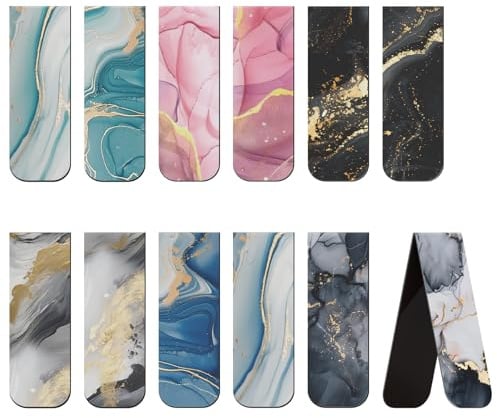 Uniclife 12 Pcs Magnetic Bookmark, Bookmarks for Women, Magnet Book Marks for Book Lovers, Book Markers Clip for Readers Teachers Adults and Men, 12 Unique Marble Patterns