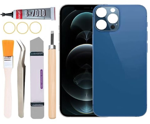 Yuntunele Coque arrière de rechange en verre pour iPhone 12 Pro Max - Tous les transporteurs avec ensemble d'outils professionnels (bleu)