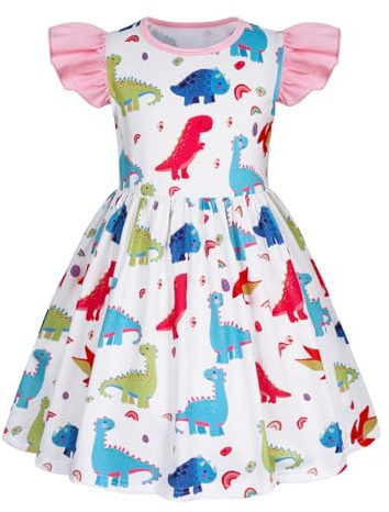 Jurebecia Girls' Dresses Flutter Sleeve Dinosaur Sundress Round Neck Casual Party Outfit Kids School Summer Dress 3-4 Years