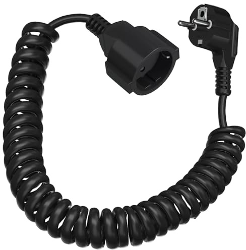 5M Spiralkabel Verlängerungskabel mit Schutzkontakt (1.2-5m dehnbar) | 230V/16A IP20 | mit Schuko-Stecker & Buchse | 3x1,0mm² Kupferleitung | für Innen/Außenbereich (Schwarz)