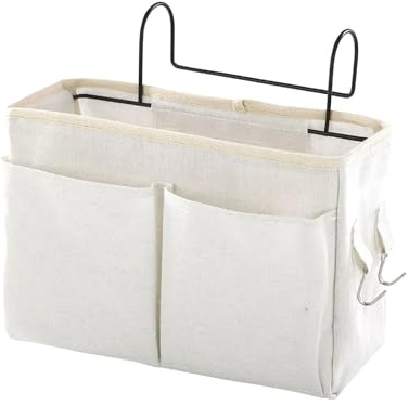 SJDOFU Bett Organizer zum Einhängen, Betttasche Weiß 28 * 10.5 * 18cm | Der bett tasche es gibt 1 große Tasche, 2 kleine Taschen, Netztaschendesign und Doppelhakendesign