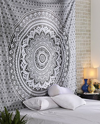 RAJRANG BRINGING RAJASTHAN TO YOU Grauer Ombre Wandteppich - Königingröße 228 x 213 cm Mandala Wandbehang Indischer Mandala Hippie Böhmische Tagesdecke Raumdekor Indische Wandteppiche