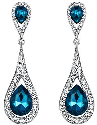 EVER FAITH Damen Österreichische Kristall Elegant Dual Tropfen Stecker Dangle Ohrringe Sea blau Silber-Ton