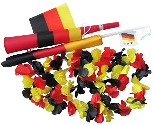 Fußball Fanset - Deutschland - 1 Tröte, 1 Autofahne, 1 Tattoo, je 1 Hawaiikette für Hals und Stirn und 2 für die Handgelenke