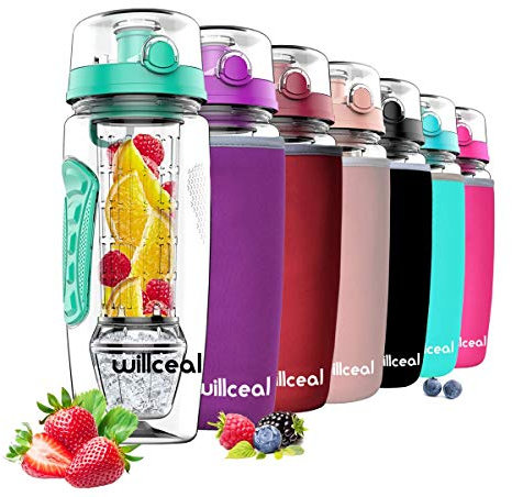 willceal Bouteille d'eau pour infuseur de Fruits 32 oz Durable avec Boule de Gel Amovible, Grande - Tritan sans BPA, Couvercle à Rabat, Protection Anti-fuites - Sports, Camping (Que)