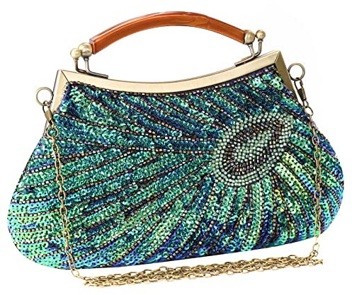 GUOZI Damen Einzigartige Luxus Pailletten Perlen Abendtasche Clutch Strass Pfauen Umhängetasche Handtasche Tasche für Hochzeit Party (Peacock Blue)