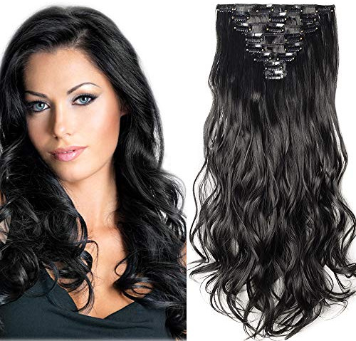 SEGO 17 Inch Synthetic Clip in Hair Extensions 8 Pcs Full Head 140g, Curly Dark Black