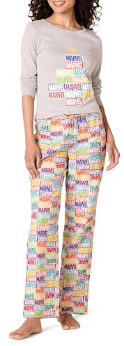 Amazon Essentials Disney | Marvel | Star Wars Set da Notte Pigiama in Flanella Donna, Marvel Holiday Bricks - Womens, L