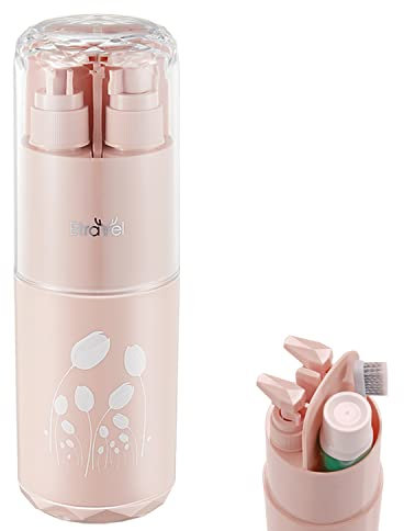 Meiyijia Reisebecher, Zahnbürstenhalter, tragbar, 2 x 45 ml Pumpflasche, Seifenspender, Spiegel, Kamm, für Camping, Geschäftsreise (Rosa)