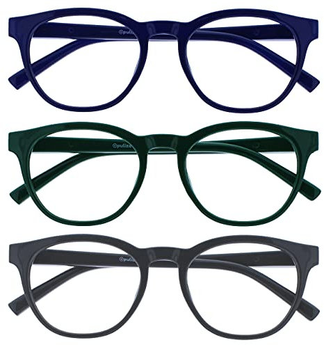OPULIZE BLU Blaulichtfilter Lesebrille für Damen Herren, Blendfreie UV400-Schutz Federscharnier Anti-Müdigkeit, Runder Rahmen, Computerbrillen Gaming, 3er-Pack Blau Grün Grau +1,50