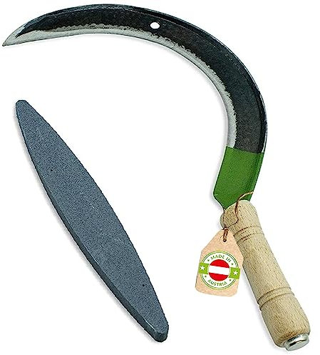 4betterdays.com Rechtshänder Mondsichel mit Handwerk aus Stahl und Buchenstiel - inkl. gratis Schleifstein - Sichel, Handsichel, Sichel Garten, Sichelmesser - Made in Germany
