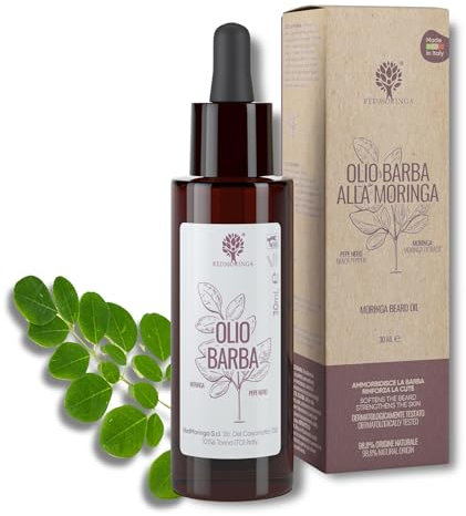RedMoringa Beard Oil for Men spendet Feuchtigkeit und pflegt Bart und Haut, 99% natürlich, mit Moringa, Argan, Jojoba und Macadamia Oil, 30 ml, hergestellt in Italien