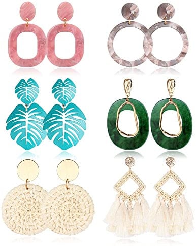 Finrezio 6 Paar Statement Acryl Ohrringe für Frauen Tropfen Baumeln Quaste Rattan Ohrring Handgemachte Geometrische Gesprenkelte Harz Böhmische Ohrringe Modeschmuck