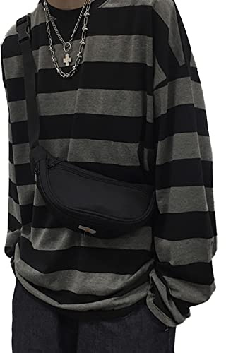 Unisex Oversized Stripe Long Sleeve T Shirts Gothic Harajuku Loose Crew Neck Summer Tee Tops, Black, Medium