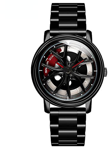 RWXCOW Herren Uhr Kreativ Armbanduhren,Autorad Felgennabenuhr,Auto Rad Felgen Nabe Uhr, Männer Sport Wasserdicht Custom Design Armbanduhr,3D Auto Rad Felge Nabe Quarz Herrenuhr (A-Schwarz)