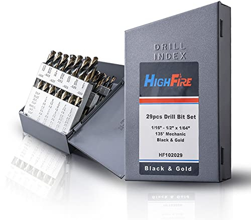 Highfire 29-teiliges M2 HSS Schwerlast-Mechanikerbohrer-Set mit Schwarz und Gold, 3-Flachschaft, Spiralbohrer-Set für Metall mit 135-Grad-Splitspitze