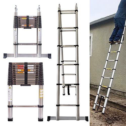 Multipurpose Ladder 16.4ft Telescopic Straight Ladder 8.2ft+8.2ft A-frame Folding Ladder Portable Extendable Ladder with Ladder Stabiliser for Garden Loft Office