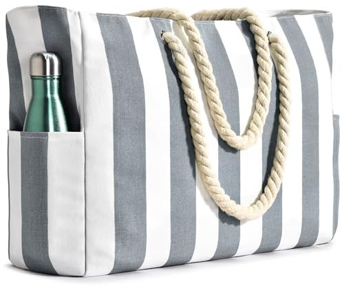Becokan Strandtasche für Damen, Pooltasche, wasserdicht, sanddicht, Strandtasche, groß, Strandtasche mit Reißverschluss, gestreift, Strandtasche, grau dunkel, Large