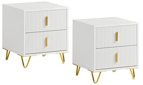 SoBuy Nachttisch 2er Set, Nachtschrank mit 2 Schubladen, Moderner Beistelltisch für Schlafzimmer, Weiß B40 x T40 x H47 cm FBT115-Wx2