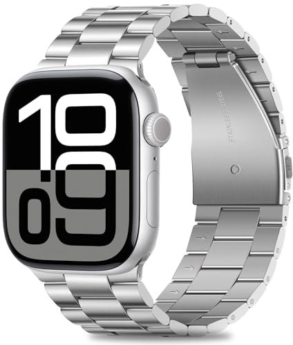 HITZEE Kompatibel with Apple Watch Armband 46mm 45mm 44mm 42mm, Edelstahl Metall Ersatzband Armbänder Band Kompatibel für iWatch SE Series 10 9 8 7 6 5 4 3 2 1, 42/44/45/46mm Silber