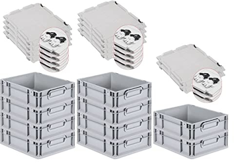 PROREGAL SuperSparSet 10x Eurobox NextGen Grip mit Scharnierdeckel und schwarzen Schiebeschnappverschlüssen, HxBxT 12x30x40cm, 11 L, Grau, Griffe geschlossen, Eurobehälter, Transportbox
