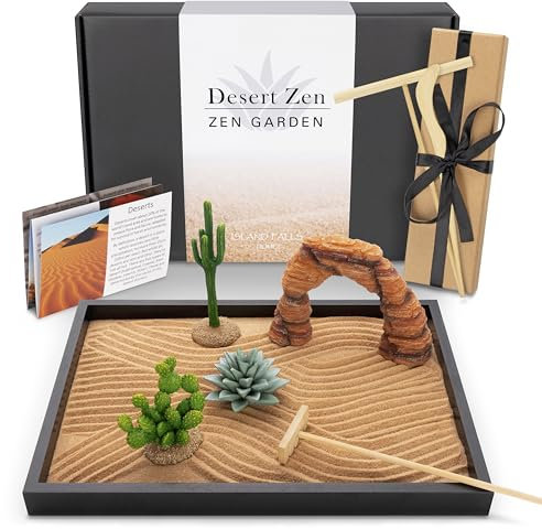 Island Falls Home Kit de jardín zen del desierto. Decoración de cactus para el hogar. Bandeja de arena de 11 x 8 pulgadas. 4 características artificiales del desierto, arena marrón, 3 herramientas de