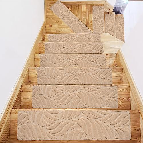 Hearda Treppenstufen Matten, Rechtwinklig 76x20.3cm Treppe Treppenteppich, Stufenmatten 15 stück, Treppenteppich Selbstklebend, Antirutschmatte Innenbereich für Schutz Kinder, Ältere (15 pc,Beige)