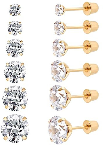 6 Pairs Surgical Stainless Steel Stud Earrings, Screw back 18K Gold Plated Heart Star Square Princess Cut Round CZ Stud Earrings Set for Women (Gold Round Screw back)