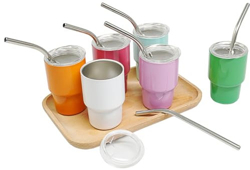 Xikangshun 6PCS Mini Tumbler Shot Glasses, 3oz Stainless Steel, 4.3×8cm Cute Multicolor Cups with Straw & Lid, Mini Sublimation Cup for Coffee, Tea