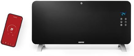 Geepas Wi-Fi Smart Glass Panel Convector Heater 2000W | Wifi Enabled, Freestanding/Wall Mounted Heater with Low Running Cost, 2 Heat Option,Energy Efficient, LED Display, 24 Hr Timer Black