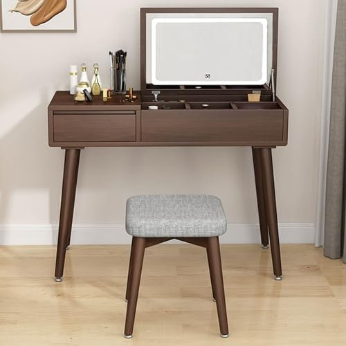 GAMAK Schminktisch mit Beleuchtung und Flip-Top-Spiegel mit Verstellbaren Lichtern Frisiertisch mit Schubladen und Hocker Frisiertisch Holz (Color : Walnut, Size : 70cm)