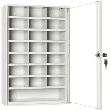 LEOMAR Schlüsselschrank, Schlüsselkasten, für Schlüssel & Kleine Dokumente, Schlüsselbox aus Stahlblech mit Glastüren, mit 22 Fächern, Organizer zur Wandbefestigung, Abschließbar, 14 x 35 x 52 cm