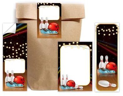 Minkocards Mitgebsel Kindergeburtstag 6 Lesezeichen + 6 Notizblöcke + 6 Geschenktüten (Natur) + 6 Aufkleber Bowlling Kegeln Bowling-Party Gastgeschenke für Jungsgeburtstag Mädchengeburtstag