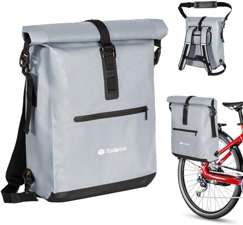 Todeco Sac à Dos de Vélo 3 en 1 (20L), Sacoche Porte-Bagage arrière de vélo, Sac à Dos étanche et Sacoche Bandoulière, Imperméable & Réfléchissante, Compartiment Ordinateur, Gris