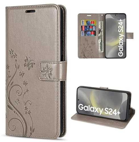 Hülle Kompatibel mit Samsung Galaxy S24+ | Premium PU Leder Handyhülle Wallet Case für Galaxy S24+ | Schutzhülle Blumen Klapphülle Handyhülle | Grau