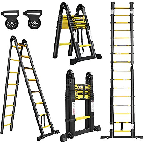 XMTECH Teleskopleiter Klappleiter Multifunktionsleiter Ausziehleiter Anlegeleiter Mehrzweckleiter Leiter Ausziehbar Stehleiter - 2,5M+2,5M Klappleiter, 16 Sprossen, Schwarz