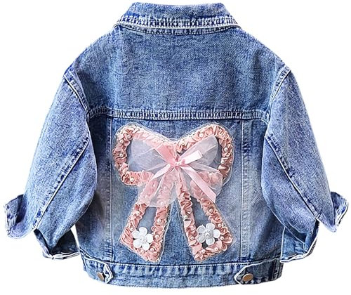 SXSHUN Kinder Jeansjacke Mädchen Jeans Jacke mit Bestickten Blumen Denim Jacket Süß Kinderjacke mit Schleife Outdoor Cowboy Mantel, Rose+Schleife, 122-128