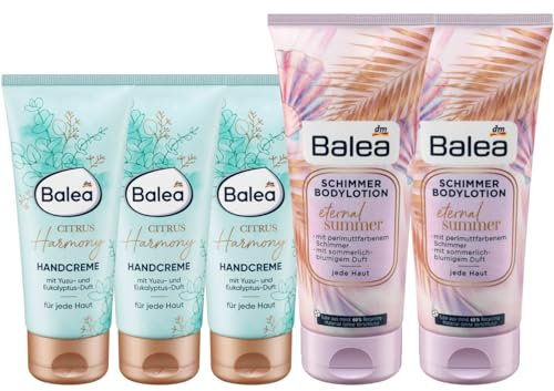Balea 5er-Set Hautpflege: Handcreme CITRUS HARMONY Yuzu & Eukalyptus Pflege mit würzig-frischem Duft (3 x 100 ml) + schimmernde Bodylotion ETERNAL SUMMER Schimmerlotion Perlmutt (2 x 200 ml), 700 ml